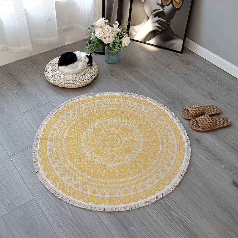 

Morocco Round Carpet for Living Room Yellow Muslim Prayer Mat Bedside Floor Mats Boho Style Hand Woven Bedroom Rugs and Carpets, 11