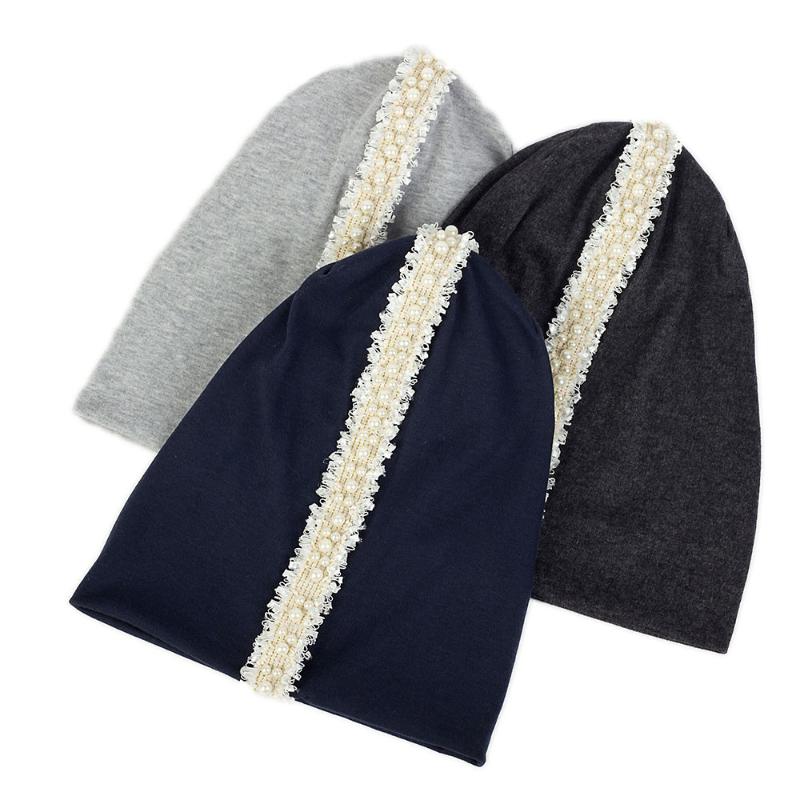 

Women Pearl Ribbon Slouch Fashion Beanies Hats 2020 New Soft Thin Cotton Baggy Skullies Hats Cap for Ladies Girls, White light gray
