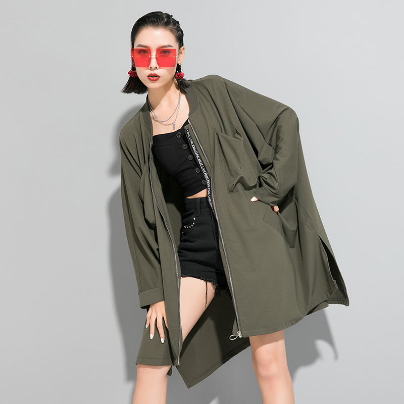 

2020 Spring Fashion Casual Batwing Long Sleeve O-Neck Cardigan Trench Women New Solid Color Zippers Female Plus Size Coats, Black