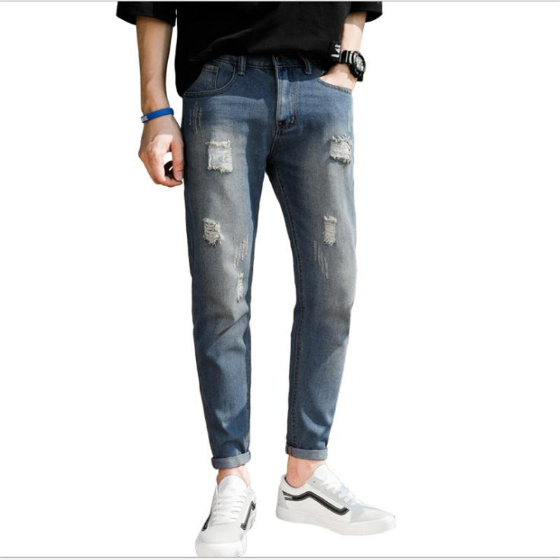 

Fashion Men Holes Spring Autumn Jeans 2020 High Waist Pencil Pants Casual Men Slim Jeans Top Thin Men's Trousers Q160, Black