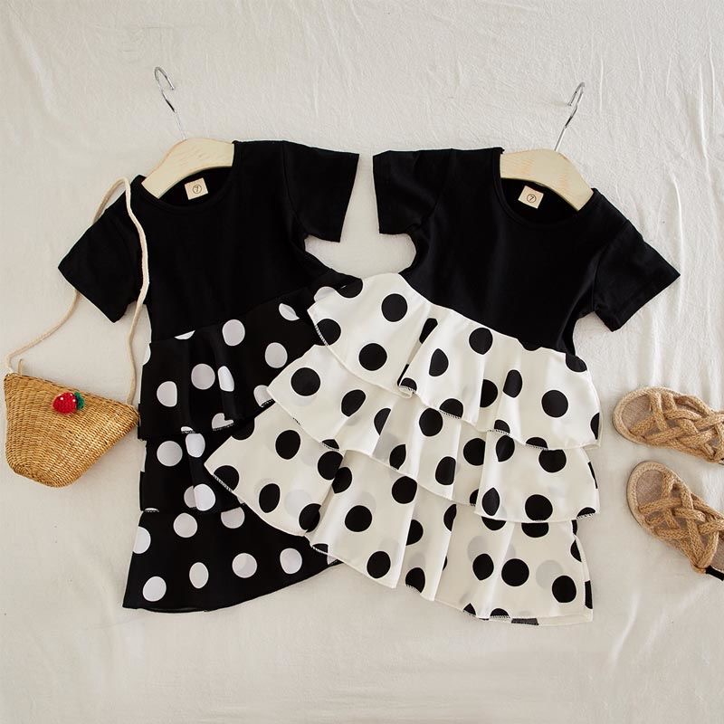 

Summer girls tee dress baby dress kids casual clothes Children vestidos solid tops dot layered bottoms 3 to 12 yrs, Black black