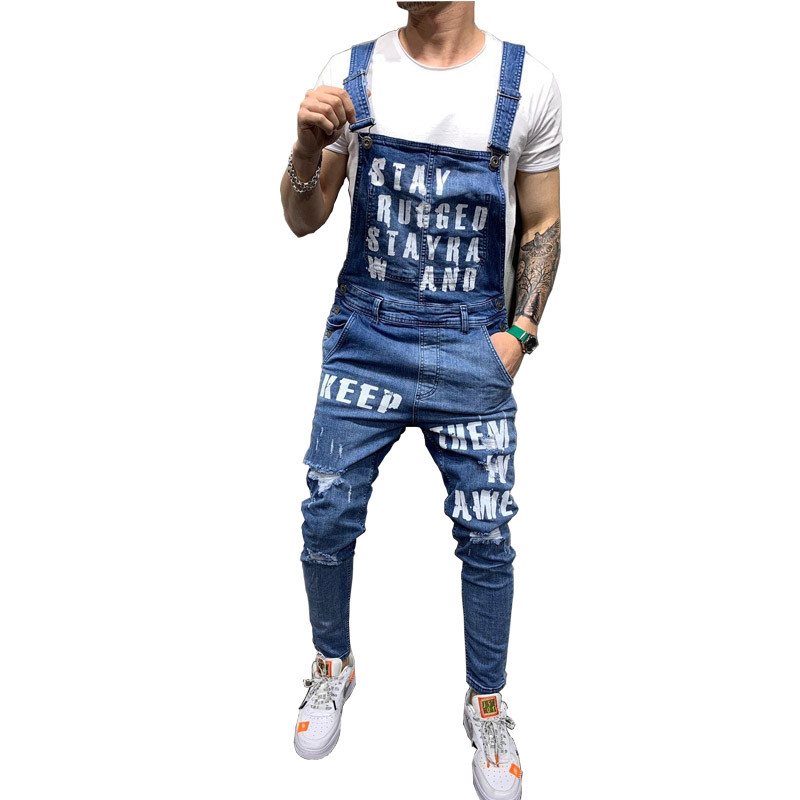 

MORUANCLE Fashion Men Ripped Denim Bib Overalls With Holes Workwear Distressed Jeans Jumpsuits Suspender Pants Letter Print, Black