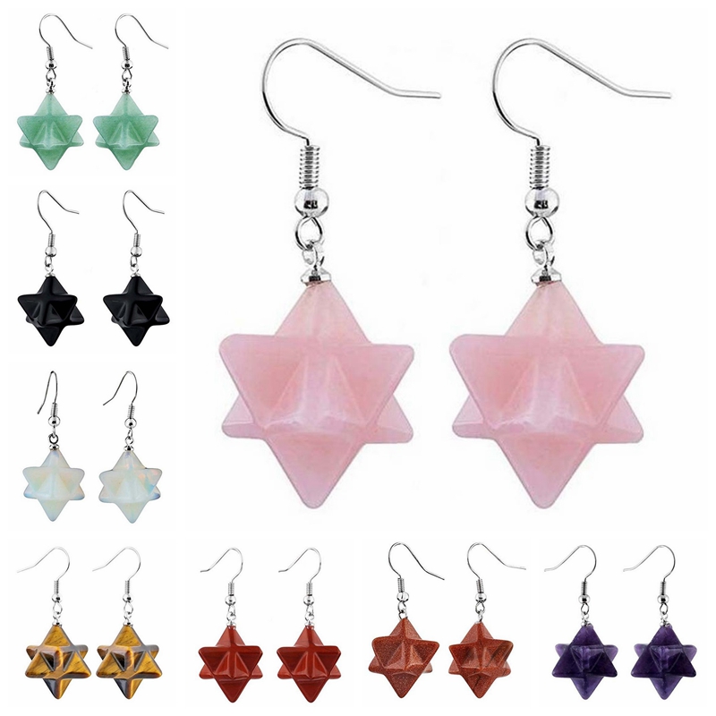 

Natural Stone Hexagram Merkaba Earrings Healing Crystal Merkaba Star Stone Dangle Drop Hook Earrings for Women Charms Jewelry