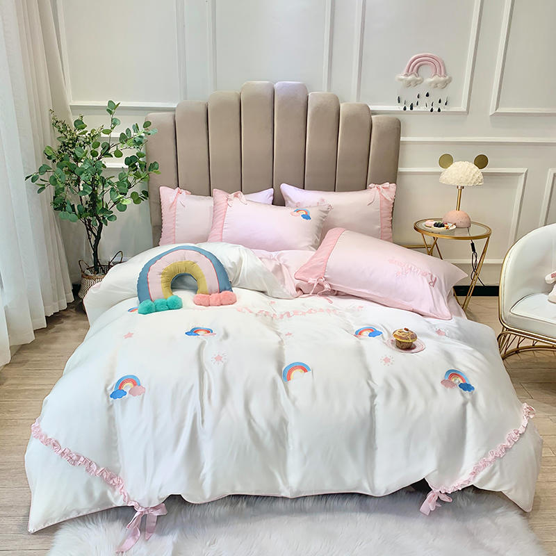 

White Tencel Bedding Set Rainbow Duvet cover set Long-staple cotton Pillowcases Queen King Size Bed Bed Linen 4pcs 2020 NEW, Colour 1