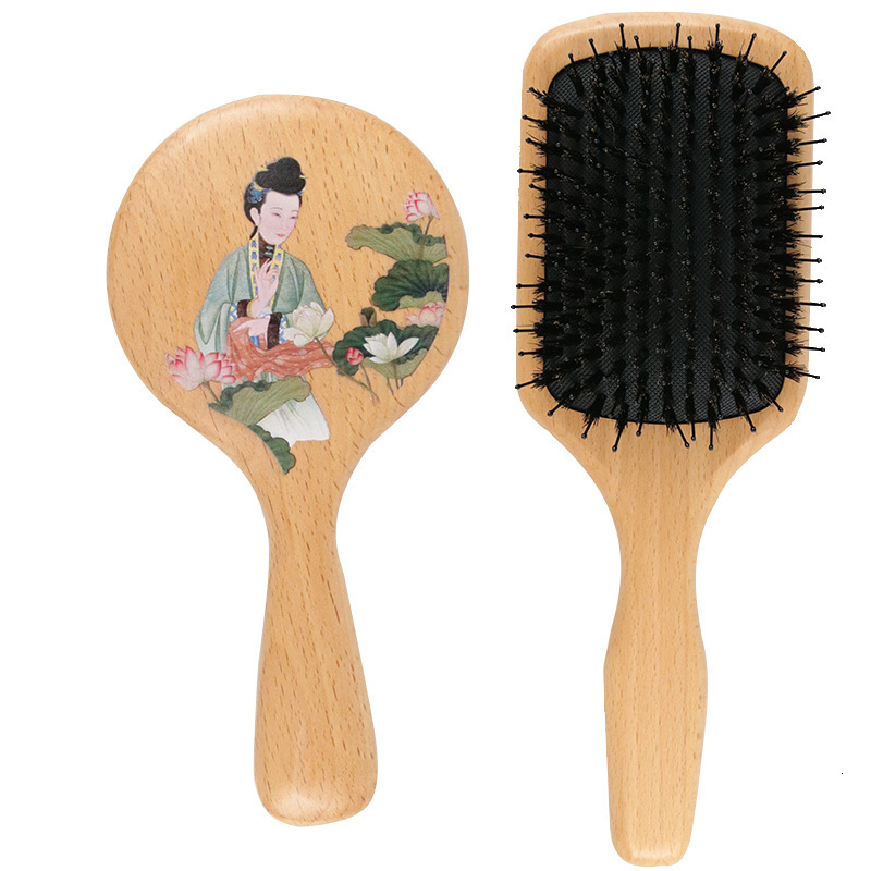 

Beech Natural Boar Bristles Anti-static Wooden Massage Comb HD Round Mirror Wood Handle Makeup Mirror Styling Tool
