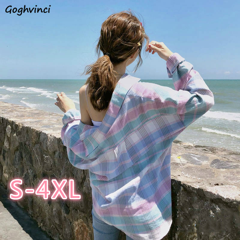

Shirts Women Spring Striped Long Sleeve Single Breasted Pockets Fresh Plus Size 4XL Loose Ins Fashion Preppy Sweet Girls Korean, Pink purple
