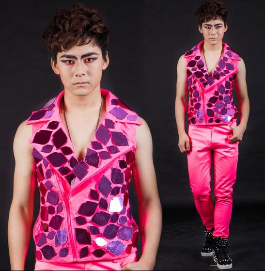 

5XL!!! The new bar male singer mirror fluorescent pink cowboy vest vest suit, Pants