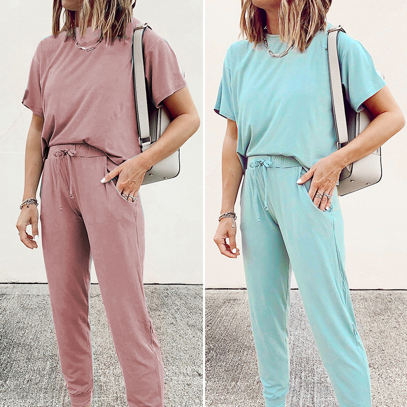 

New Two Piece Suit Casual Home Suit Female O-Neck Vintage Elastic Waist Two Piece Outfits Womens Sweatsuit, Blue