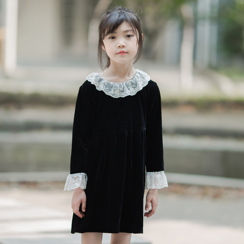 

New Kids Dresses for Girls 2019 Autumn and Winter Children Lace Dress Baby Princess Dress Girl Korean Velvet Party Clothes, Black