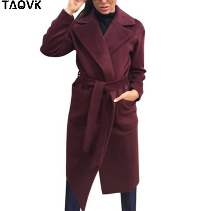 

TAOVK Women's Jackets & Coats Medium-long Belt Wool & Blends Coat Turn-down Collar Solid Color Pockets Parka, Black