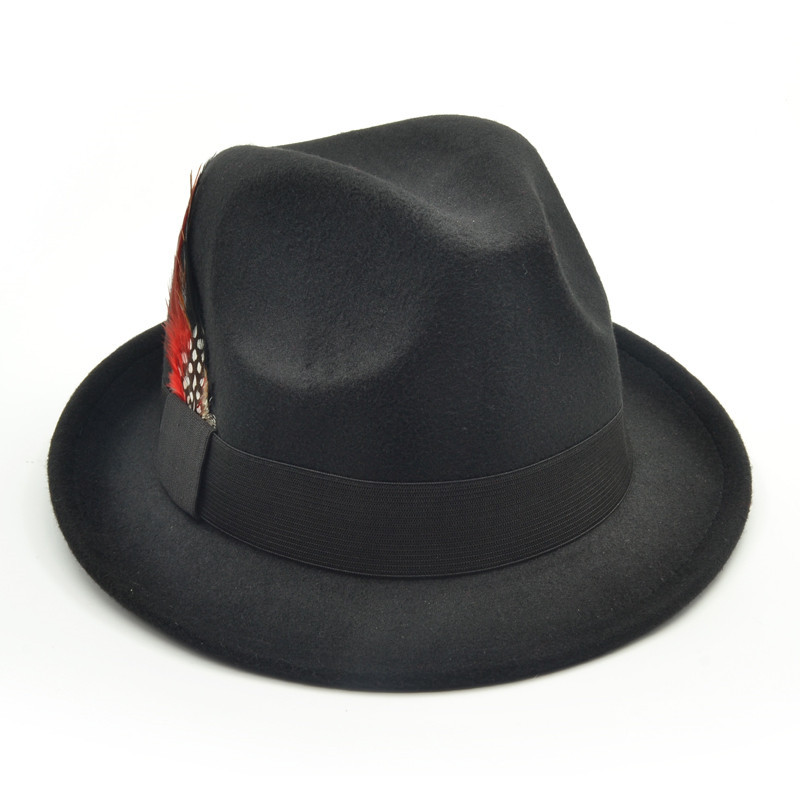 

Fashion Wool Felt Fedora Hat Gambler Panama Trilby Hat With Feather Women, Red