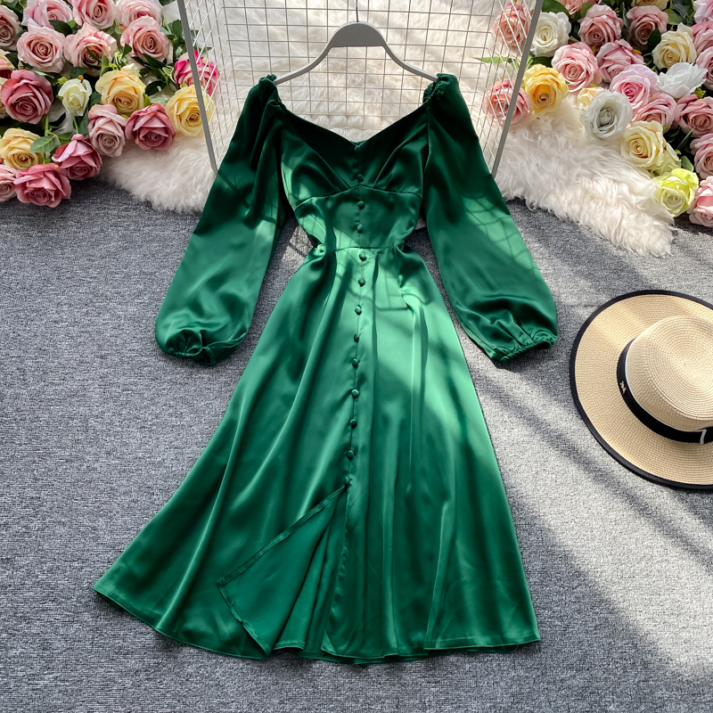 

2020 autumn new women' chic V collar single button lantern sleeve waist stain fairy a-line dress female elegant chiffon dresses, Black