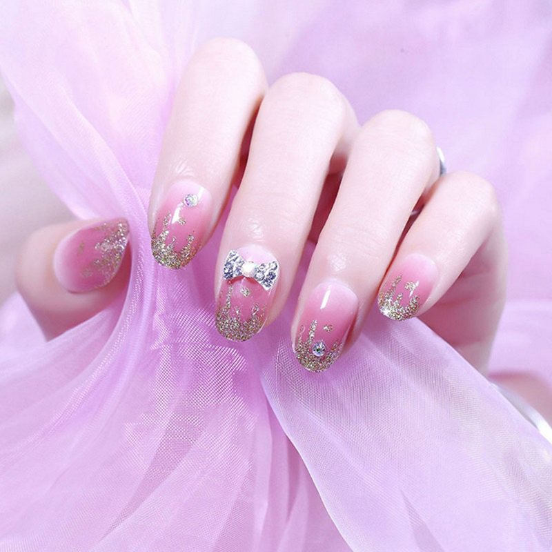 

24Pcs Purple Rhinestone Bow False Nail Wedding Wearable Fake Press On Nails With Glue, As shown