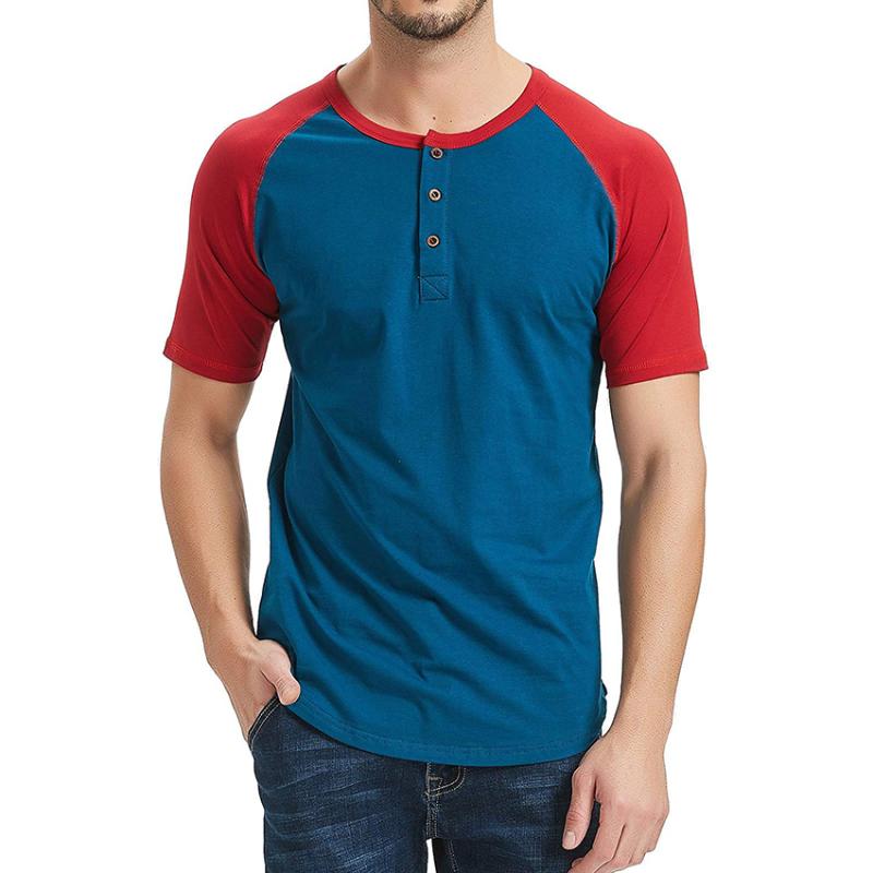 

Men Splicing Henley Collar T Shirt Short Sleeve Hip Hop Curve Hem Funny Streetwear Tee Shirt Slim Fit Summer Tops Hipster, Blue