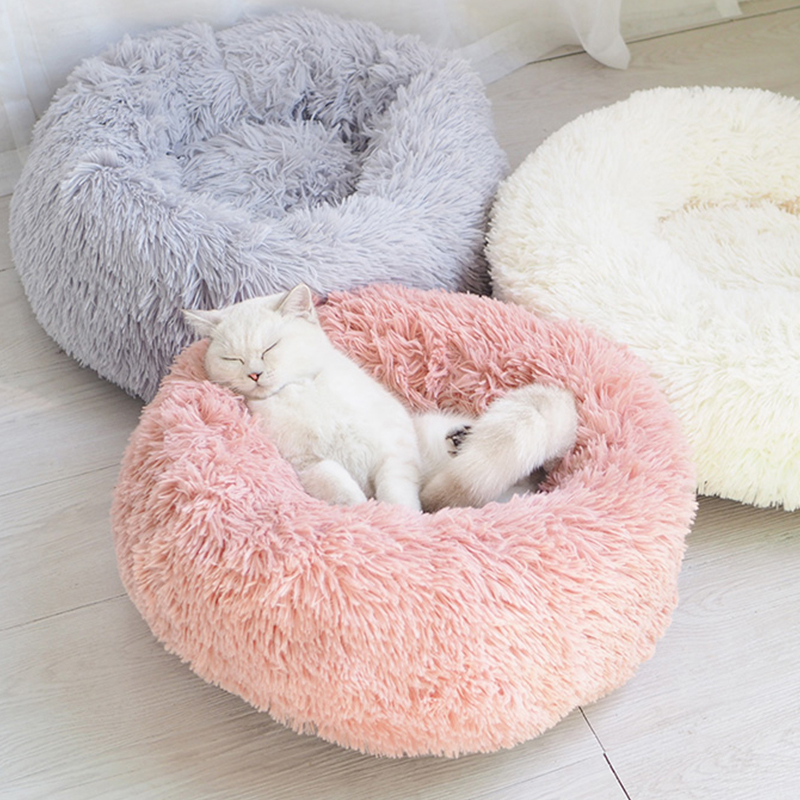 

Long Plush Cat Bed House Soft Pet Dog Bed Round Cats Nest Winter Warm Sleeping Cushion Puppy Mat Portable Cat Product 40 50 60cm