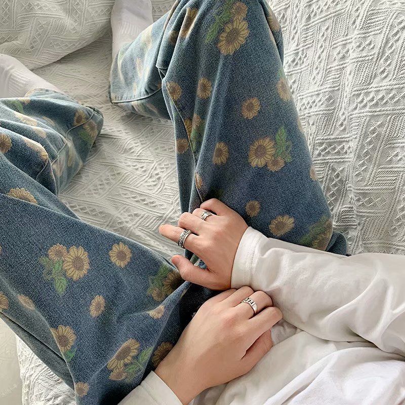 

2020 Spring And Autumn New Youth Fashion Loose Small Daisy Print Jeans Fashion Casual Drape Drawstring Straight-leg Pants, Chrysanthemum blue