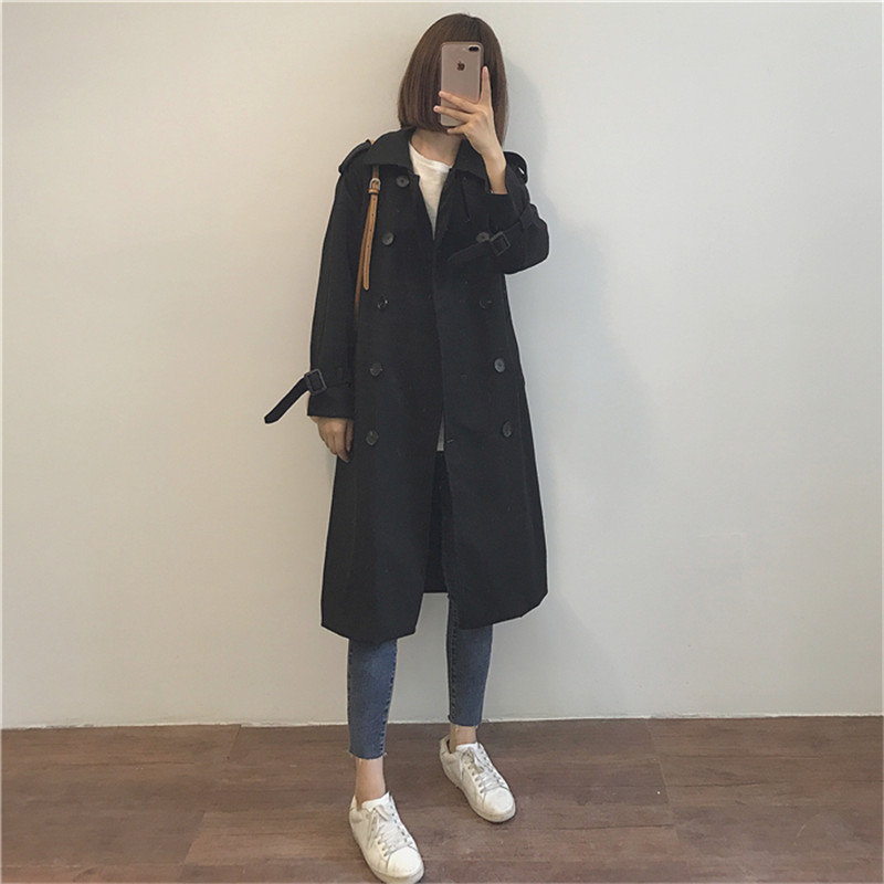 

2020 Spring Autumn Black Windbreaker Retro Double-breasted Long Trench Coat for Women Overcoats b293