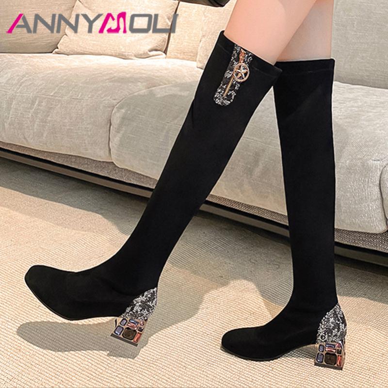 

ANNYMOLI High Heel Over-the-Knee Boots Woman Rhinestone Thick Heel Shoes Zipper Female Long Boots Autumn Winter Black Size 33-43
