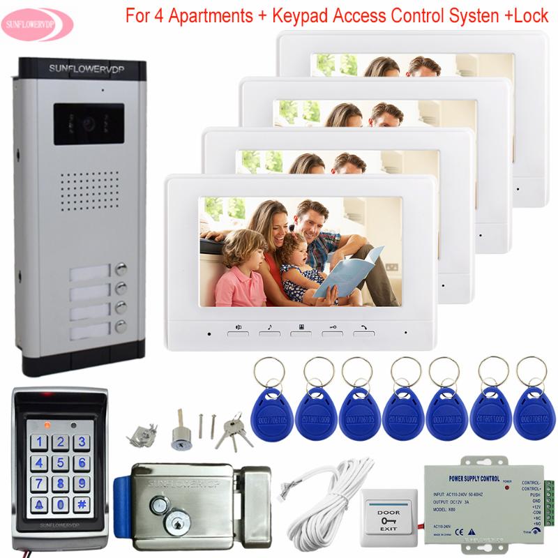 

7" Monitors Residential Security Keypad Access Control Video Intercom for a Private House Intercom on 4 Buttons +Electric Lock
