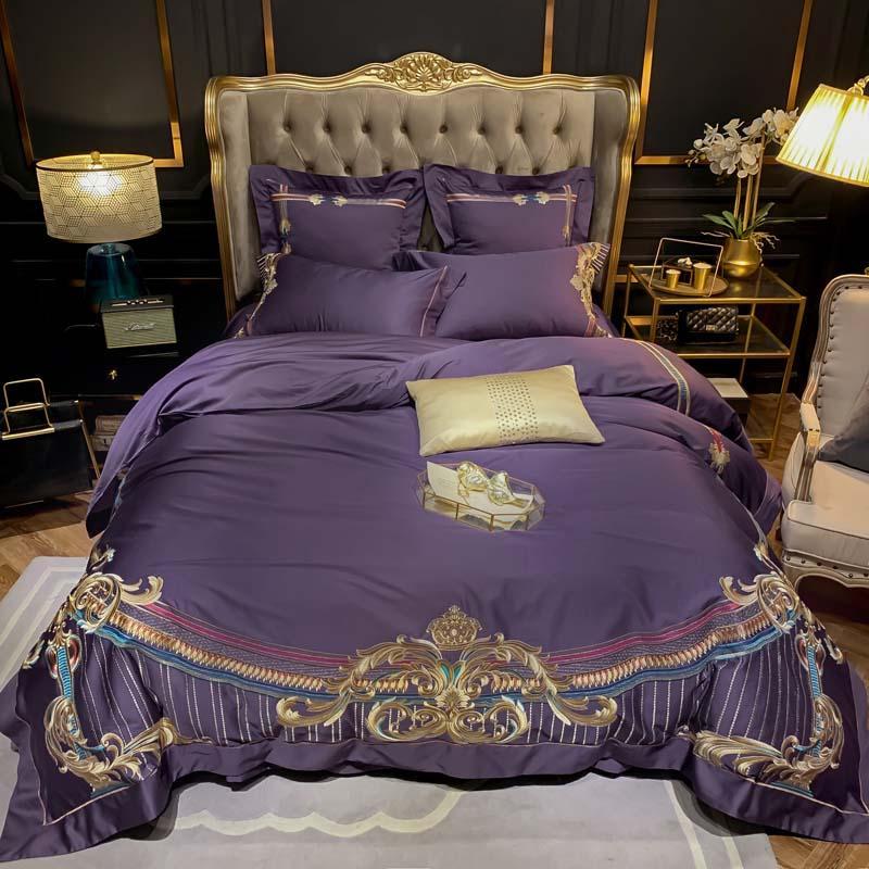 

Embroidery Purple Bedding set European Royal Egyptian Cotton Duvet Cover Set Sateen Bed Queen King size J/6Pieces, Color 4