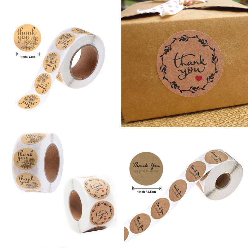 

500Pcs/roll Round Labels Handmade Kraft Paper Packaging Sticker for Candy Bag Flower Gift Box Packing Bag Wedding Thanks Sticker