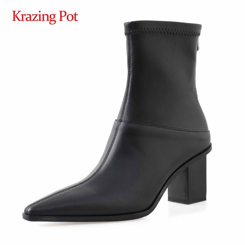 

Krazing pot large size korean girls high street fashion gorgeous office lady pointed toe thick high heel zipper ankle boots L29, Black