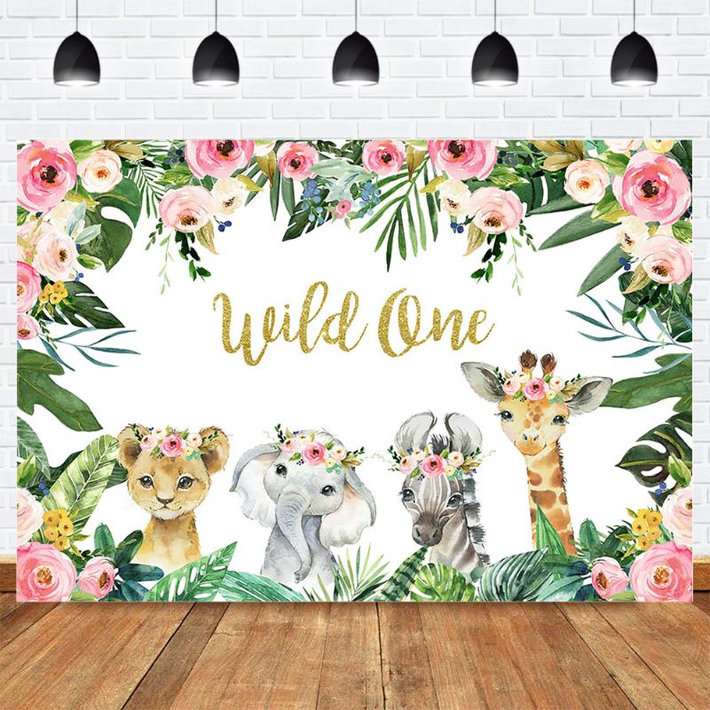 

Animal Wild One Jungle Birthday Party Photo Background Newborn Baby Shower Banner Photography Backdrop Pink Flower Green Leaves