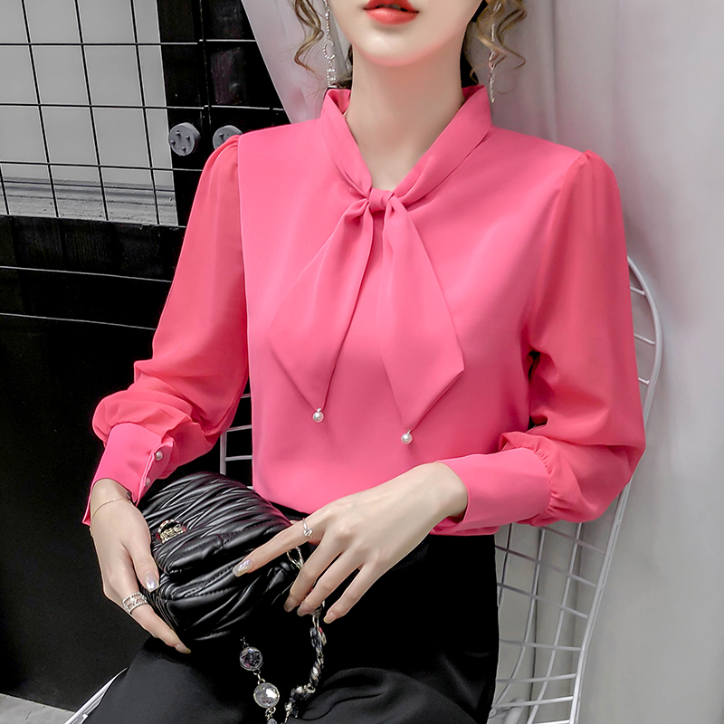 

Fashion Korea Bow Tops Blouses Winter Fashion Loose Chiffon Women Blouse Autumn bottoming Office Shirts Ladies Blusas Mujer, Pink