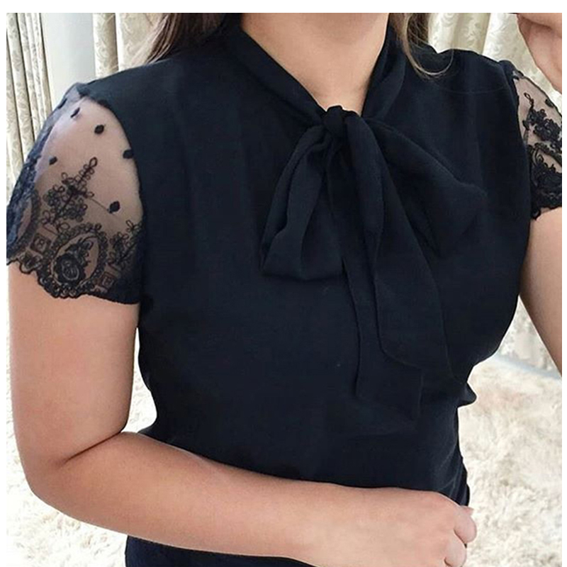 

5XL New 2020 Lace Up Bow Tie Shirt Summer Short Sleeve Solid Chiffon Casual Blouse Plus Size 5xl Office Lady Blusas Woman Tops, Black