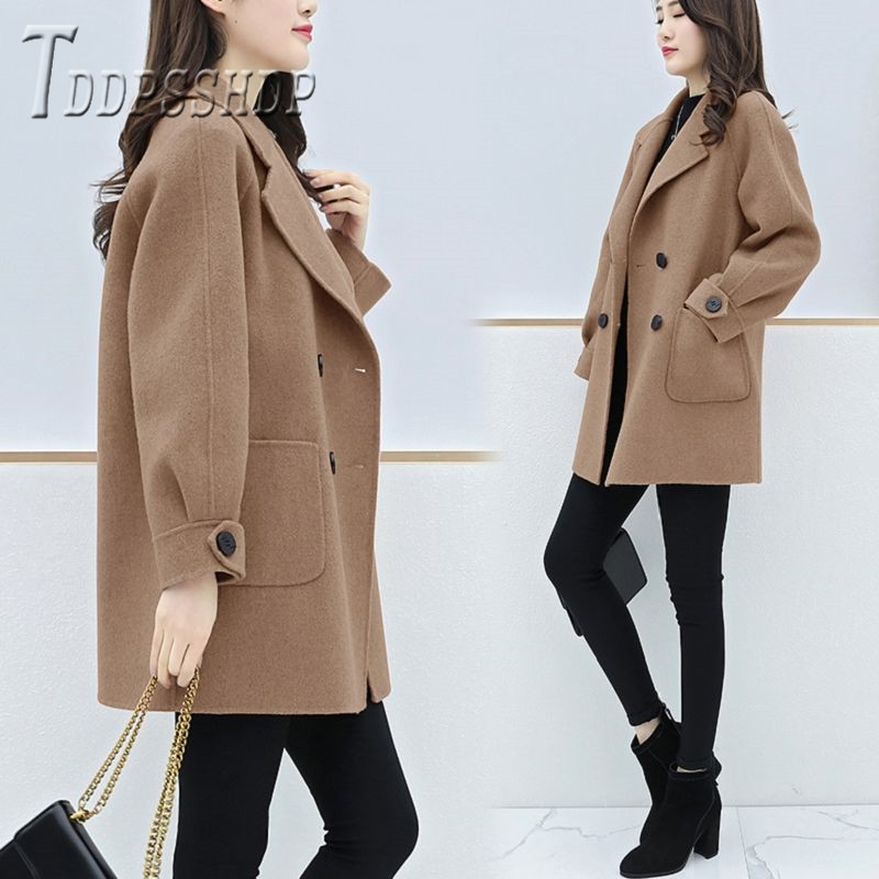 

2020 Korean Winter Autumn New Women Woolen Coat Loose Pocket Decor Lapel Female Jacket