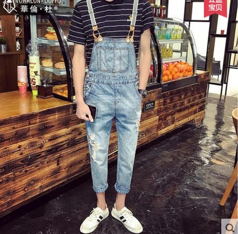 

2020 New Hole suspenders summer jeans casual pants slim one piece spaghetti strap trousers men's clothing stage Singer costumes, Blue
