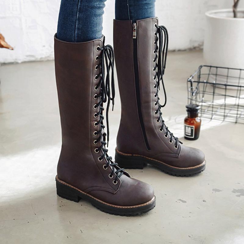 

Long Tube Boots Women Winter Riding Boot 2020 Lady Fashion Retro Leather Knee-High Knight Boot Low Heel Strappy Shoes Rome Style, Black