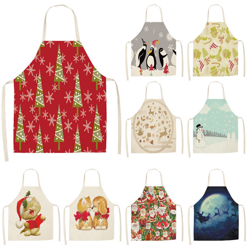 

1pc Christmas Linen Apron Santa Claus Pinafores Cotton Linen Aprons 53*65cm Woman Adult Bibs for Home Kitchen Cooking Baking