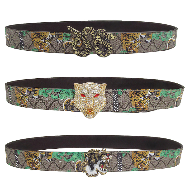

Western Print Leather Tiger Rhinestone Dragons Snake Alloy Buckle Men Jeans Causal Pants Belt, Black;brown