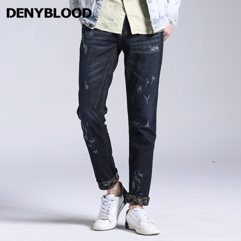 

Denyblood Jeans Mens Distressed Jeans Ripped Hole Stretch Denim Fleece Warm 2020 Autum Winter Casual Pants 169050, Dark blue