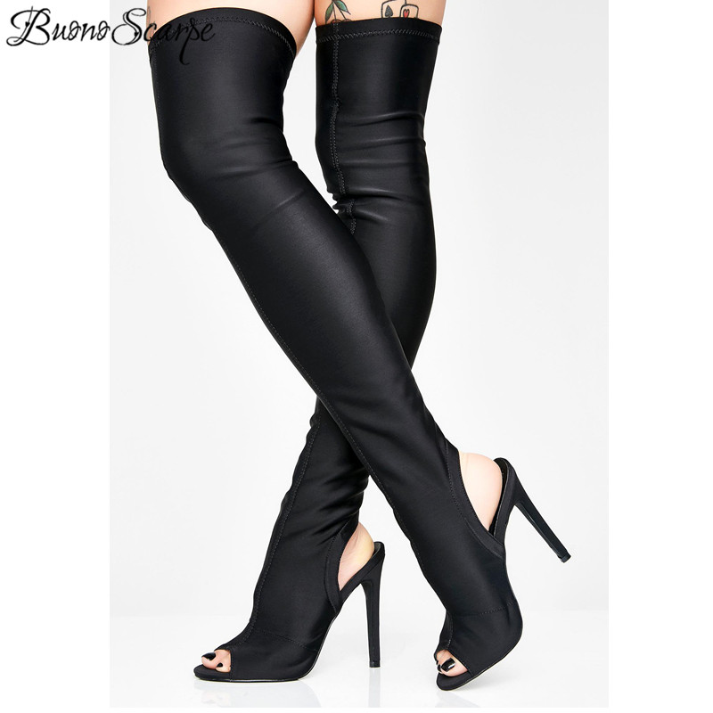 

Sexy Black Peep Toe Long Boots Elastic Open Back Over The Knee High Heel Sock Boots Stretch Thigh High Women Botas