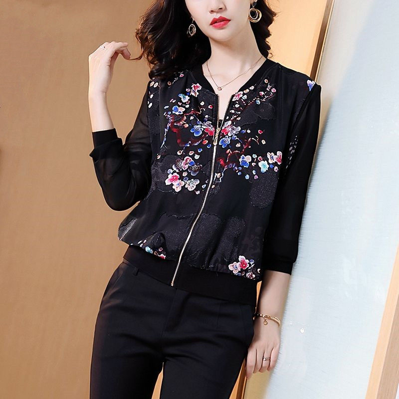

Women Retro Flower Print Jacket Zipper Bomber Collar Slim Coat Casual Outwear Female Autumn Spring Jacket Fashion Ladies T74, Black