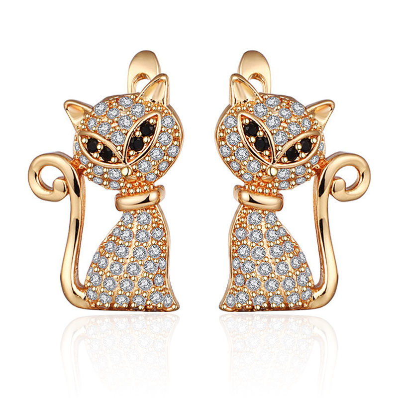 

Creative Design Cat Shape Cubic Zirconia Stud Earrings Gold Silver Color Plated CZ Animal Earrings for Women Jewelry Unique Gift