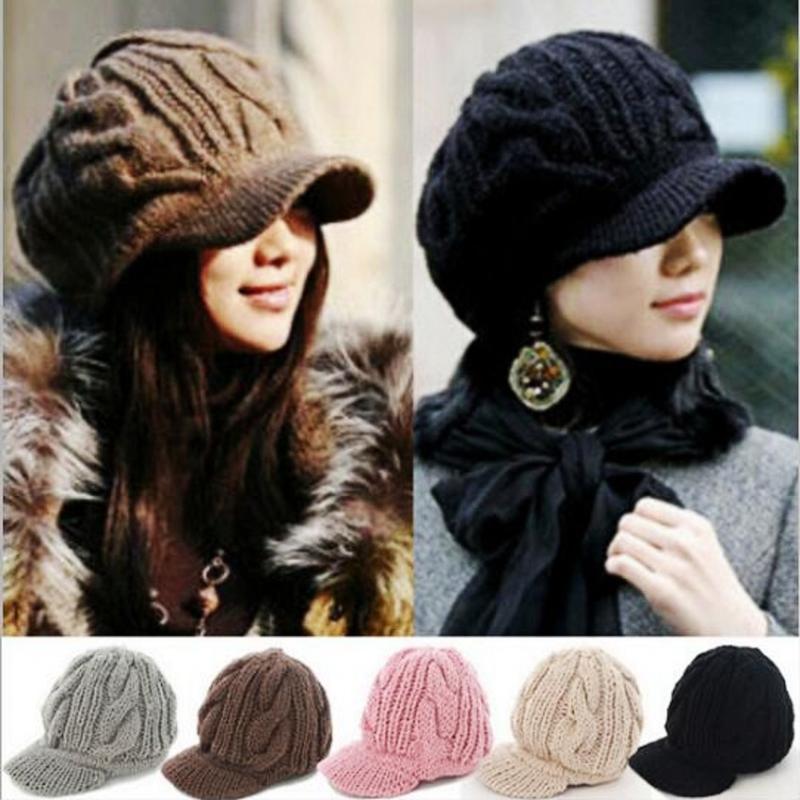 

Women Winter Warm Knit Hat Wool Snow Ski Caps With Visor, Black