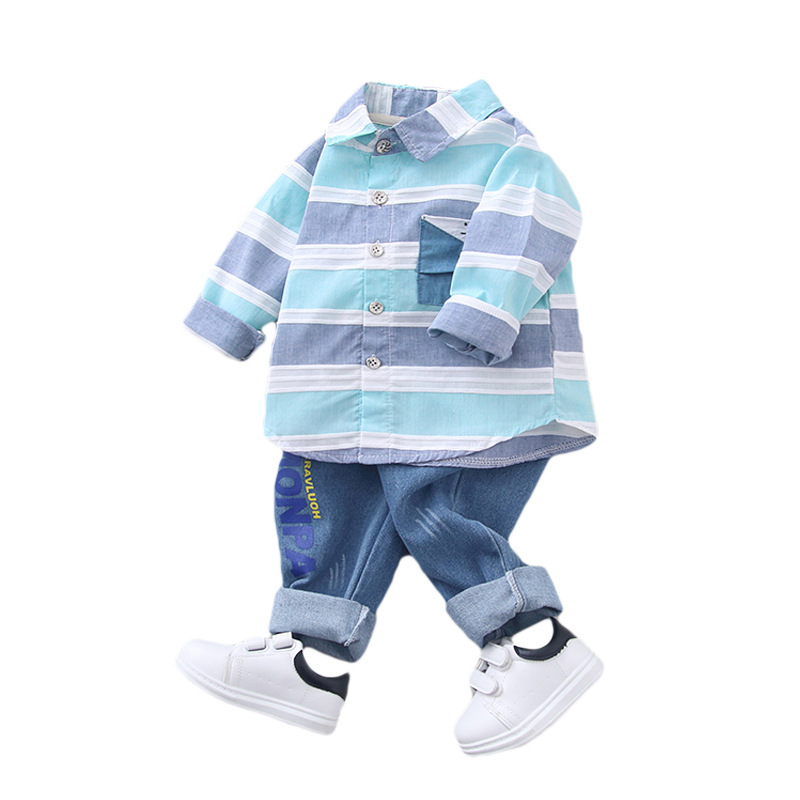 

Hot Fashion baby boys clothes spring children clothing gentleman baby boy striped shirt+jeans 2pcs set Newborn baby boy clothes, Light blue