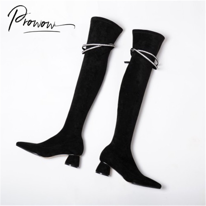 

Prowow New Fashion Style Black Women Over the Knee Boots Pointed Toe Slip On Thick Mid Heel Women Winter Boots Shoes Woman, As pic