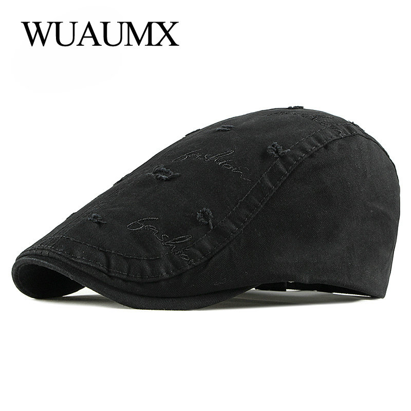 

Berets Wuaumx Casual Beret Hat Men Women Visor Cap Solid Embroidery Sboy Ivy Flat Spring Summer Duckbill Peaked Caps, Black
