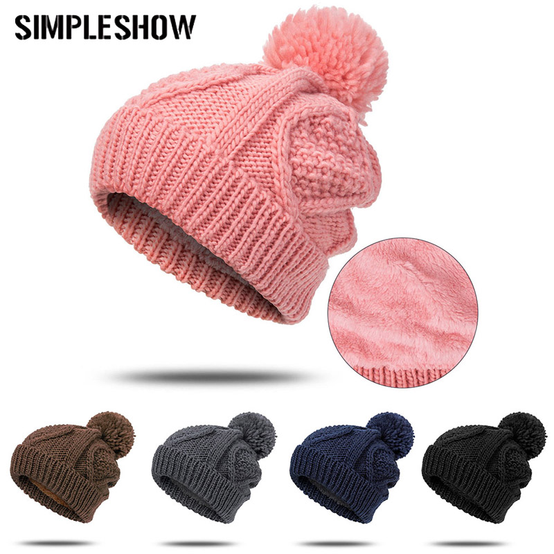 

2020 Women's hats Add velvet Fleece Inside Beanies Winter Hats for women Pompom Hat Female Twist pattern caps