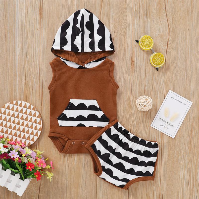 

0-24M Infant Baby Boys Girls Clothes Wave Print Pocket Hooded Sleeveless Tops Romepr +Triangle Shorts Knited 2pcs, As pic