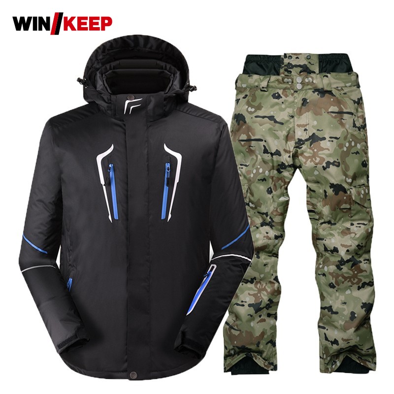 

Top Quality 2020 Winter Mens Ski Suit Waterproof Snow Pants Thick Windbreaker Hoody Jacket Man Snowboarding Sportswear Tracksuit, Black2