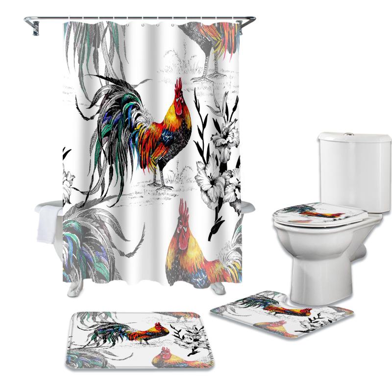 

Rooster Farm Watercolor Cock Flower Poultry Shower Curtain Sets Non-Slip Rugs Toilet Lid Cover and Bath Mat Bathroom Curtains