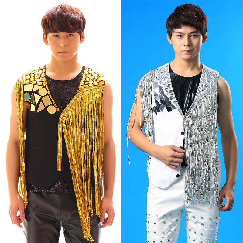 

5XL!!Bars nightclubs male Tide male singer ds suit men tassel vest stage clothing vest, Black