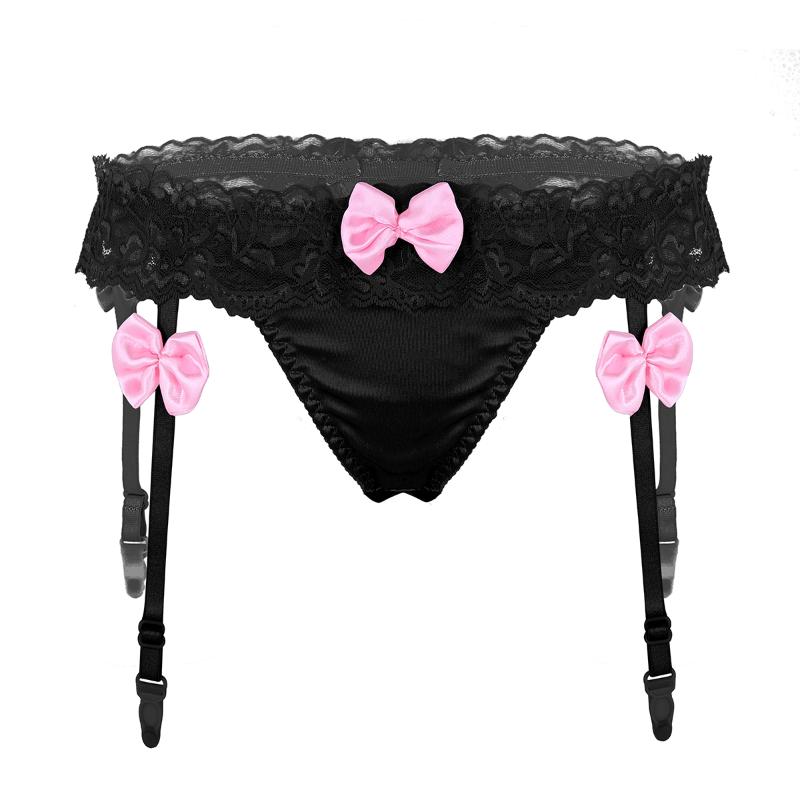 

Sexy Women Lace G-String Garter Womens Low Rise Ruffled Lace Hem Bowknot G-string Bikini Briefs Underwear with Garters Lingerie, Pink