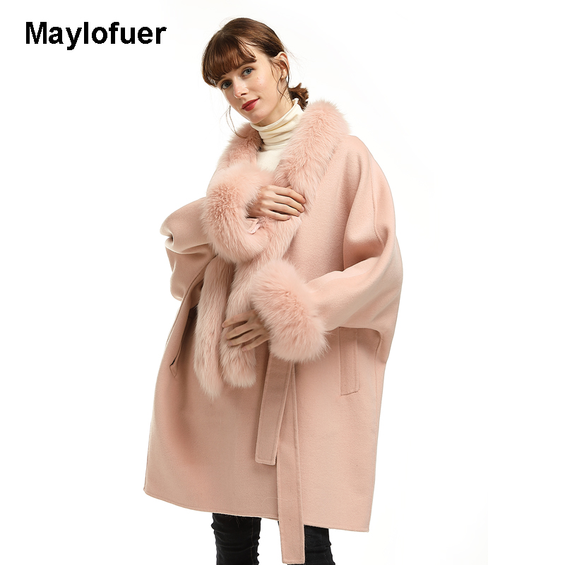 

Maylofuer New 100% Real Fur Collar detachable, Cashmere Coat Women Bat Sleeves Oversize Jacket with Fur Cuffs, As photo