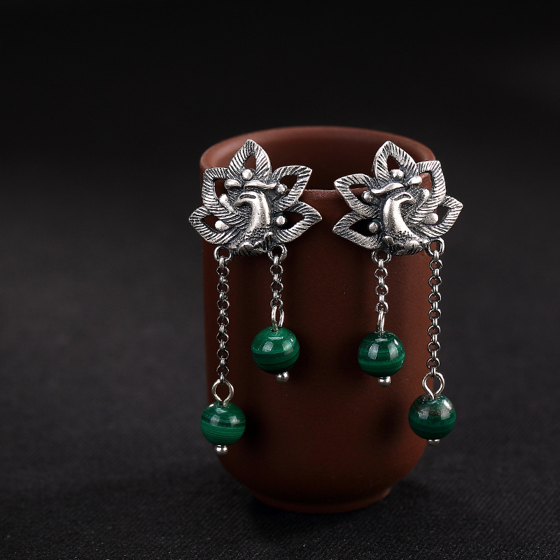 

S990 silver retro matte Phoenix malachite dorp earrings ladies sterling silver earrings for women jewelry wholesale
